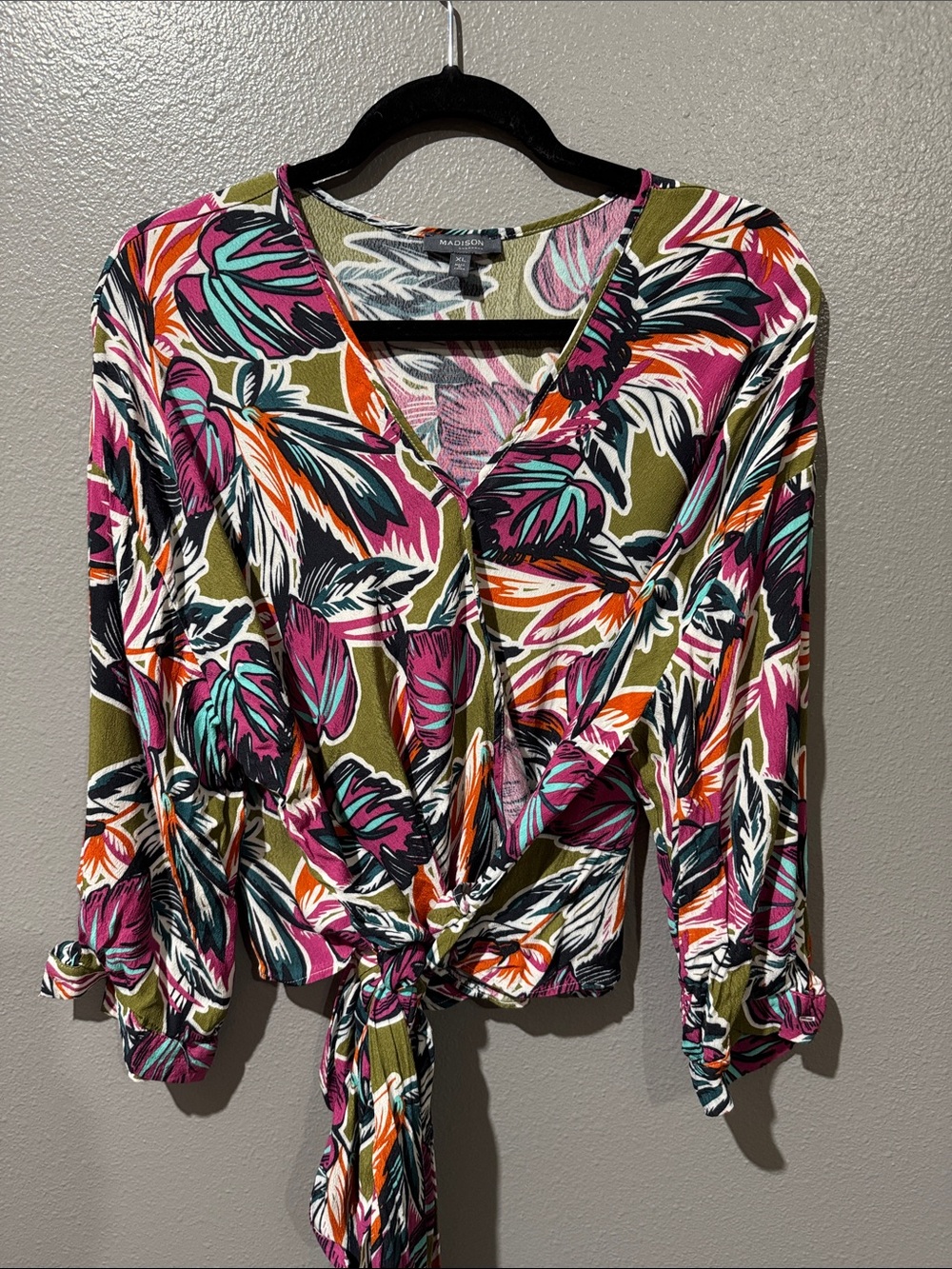 Madison Olive Multi Floral Tie-Front Blouse with Pink & Teal Accents